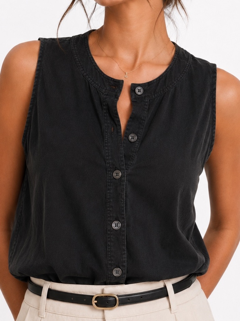 Neiman Marcus 100% Silk Black Sleeveless Button Front Blouse Top M